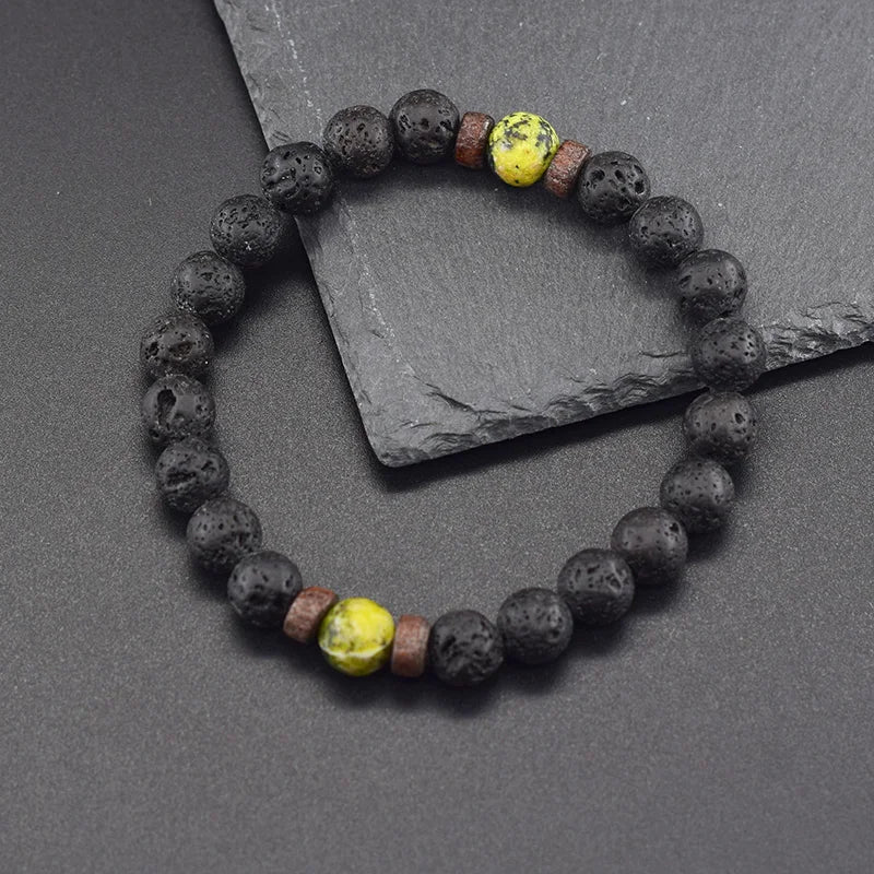 Yellow Grass Turquoise & Lava Stone Beads Bracelet | Natural Wooden Elastic Bracelet for Women Friendship Gift