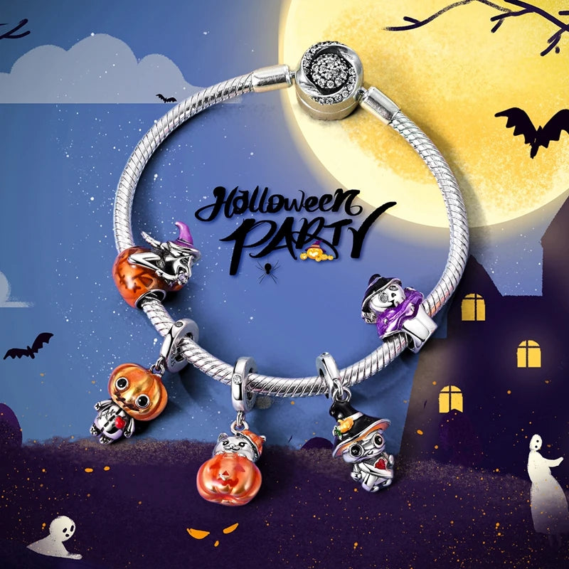 Halloween 925 Sterling Silver Charms | Pumpkin Skeleton Witch Bat Beads for Bracelet DIY Jewelry