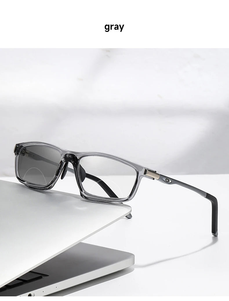 Anti-Blue Light Photochromic Bifocal Reading Glasses – Multifunctional Aluminum Magnesium Sports Eyewear for Men & Women