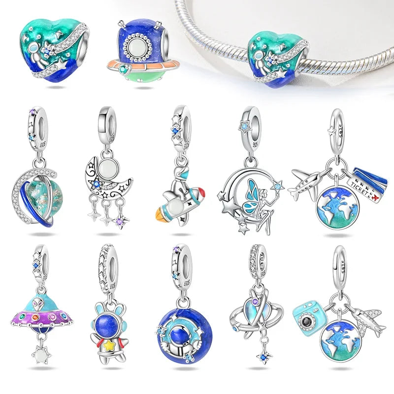 925 Sterling Silver Luminous Rabbit Astronaut Spaceship Charm – Fits Original Bracelet DIY Jewelry Gift for Women