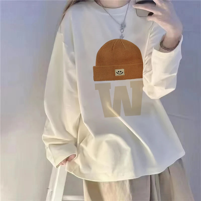 White Fleece-Lined Loose Long Sleeve Women’s T-Shirt – Slimming Base Layer Korean Style Commute Top