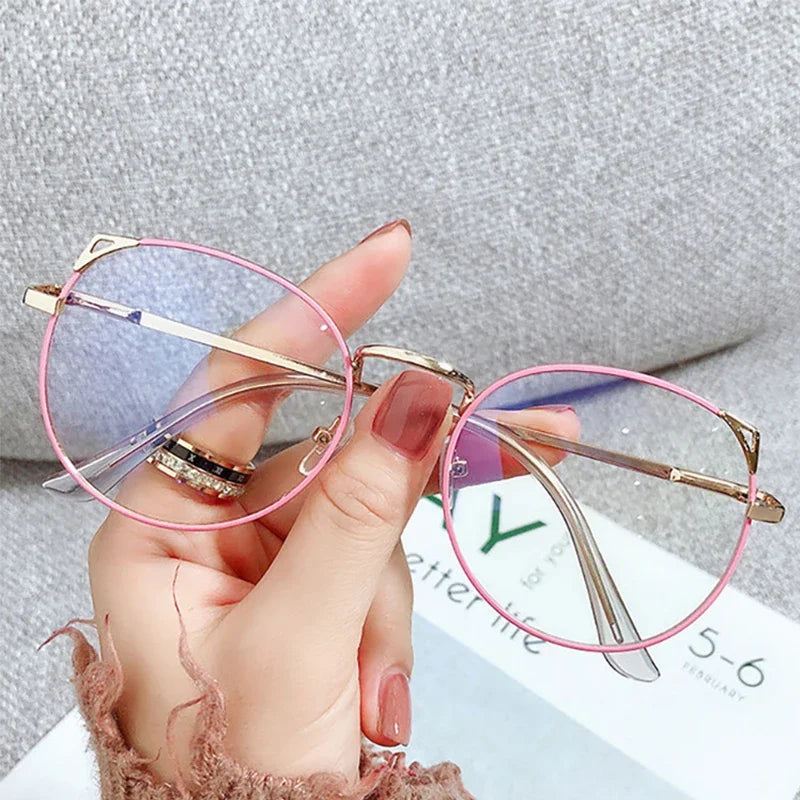 Fashion Anti Blue Light Glasses for Women – Thin Alloy Metal Cat Ear Round Frame | Computer Eye Protection Spectacles