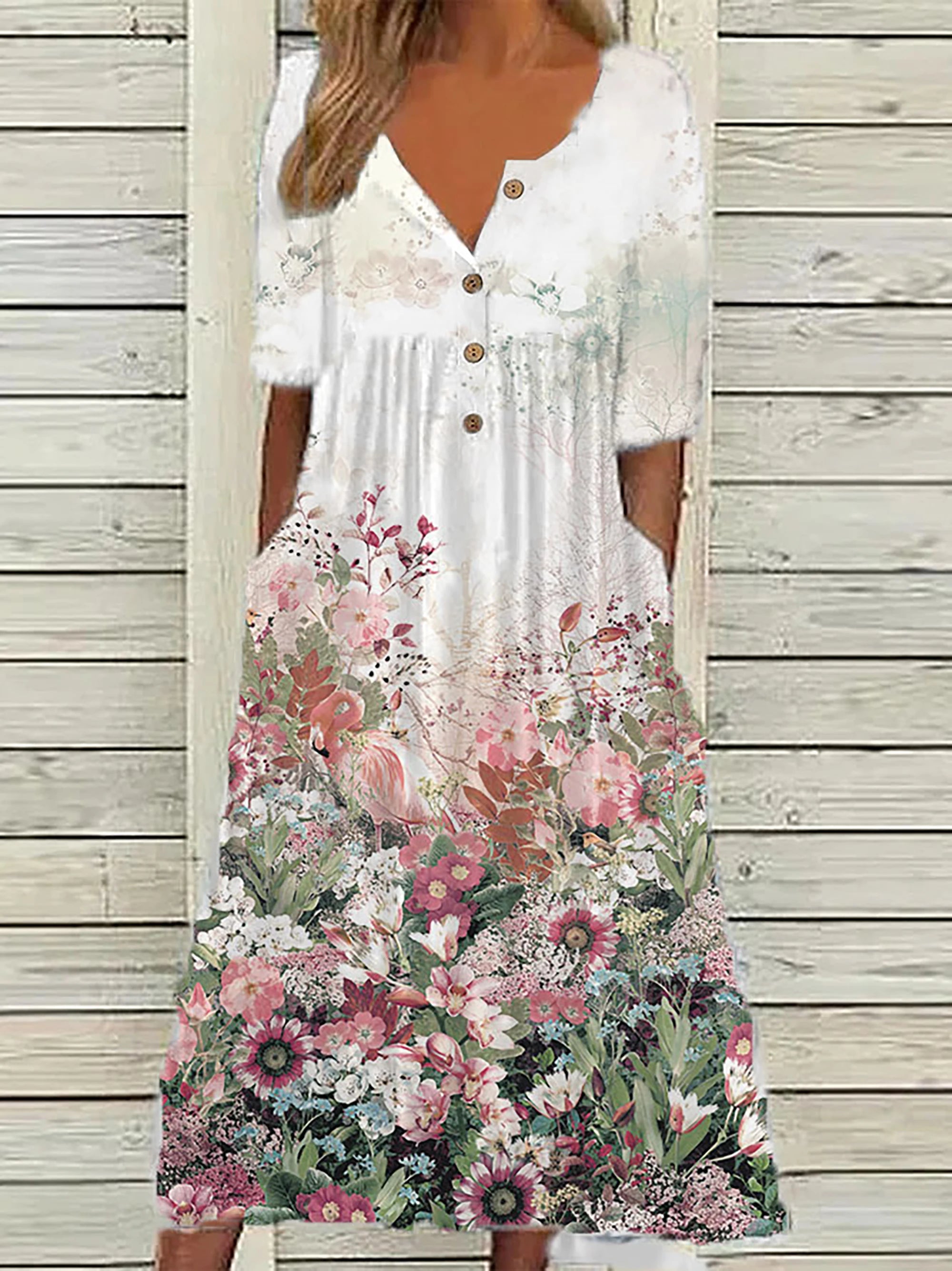2024 Spring Plus Size Women’s Printed V-Neck Button Top – Short Sleeve Fashion Blouse with Pockets | European & American Style