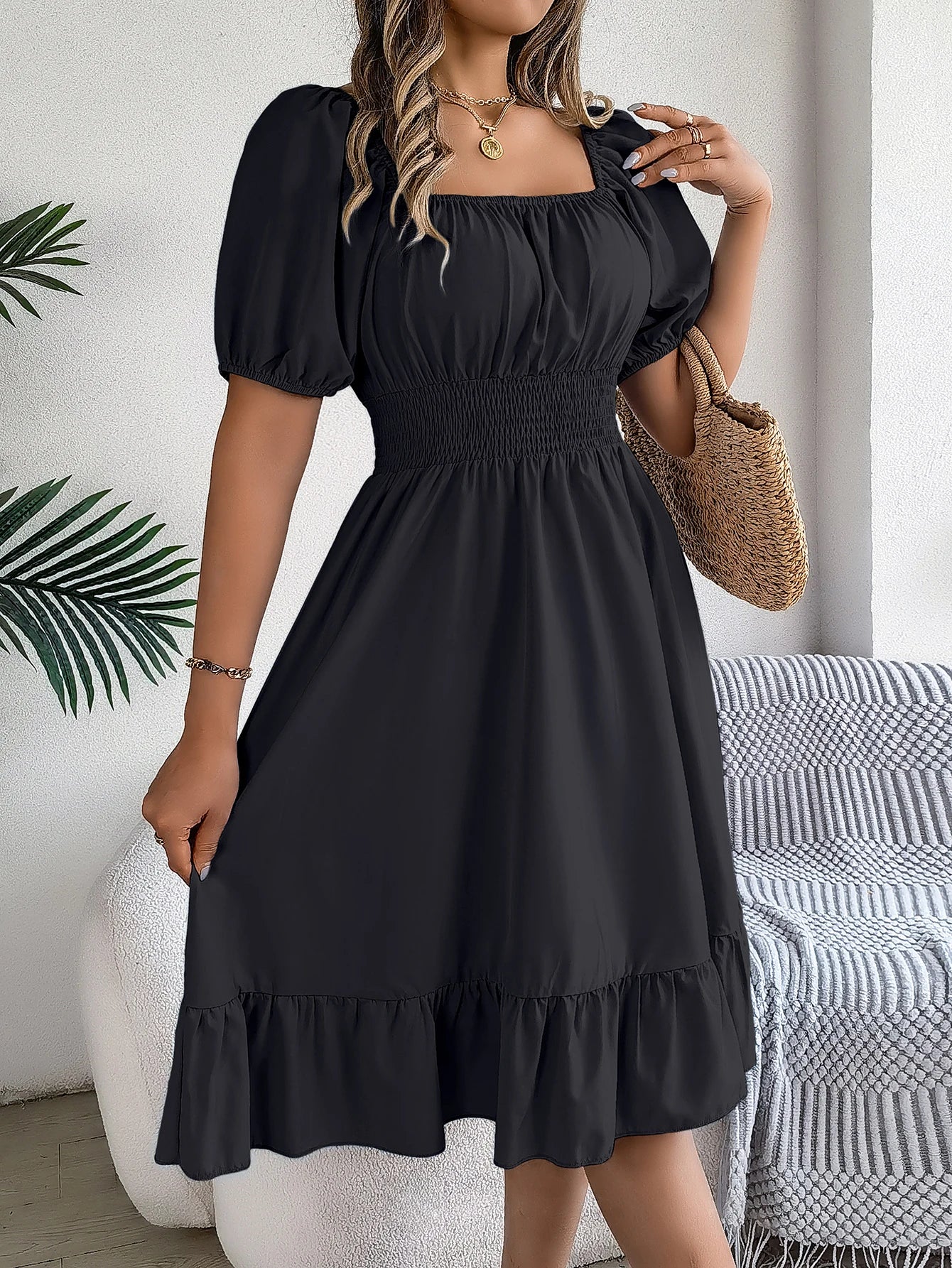 2026 Women’s Elegant High-Waisted Dress – Square Neck, Short Sleeve, Ruffled Edge Long Dress | Spring Summer Valentine’s Day