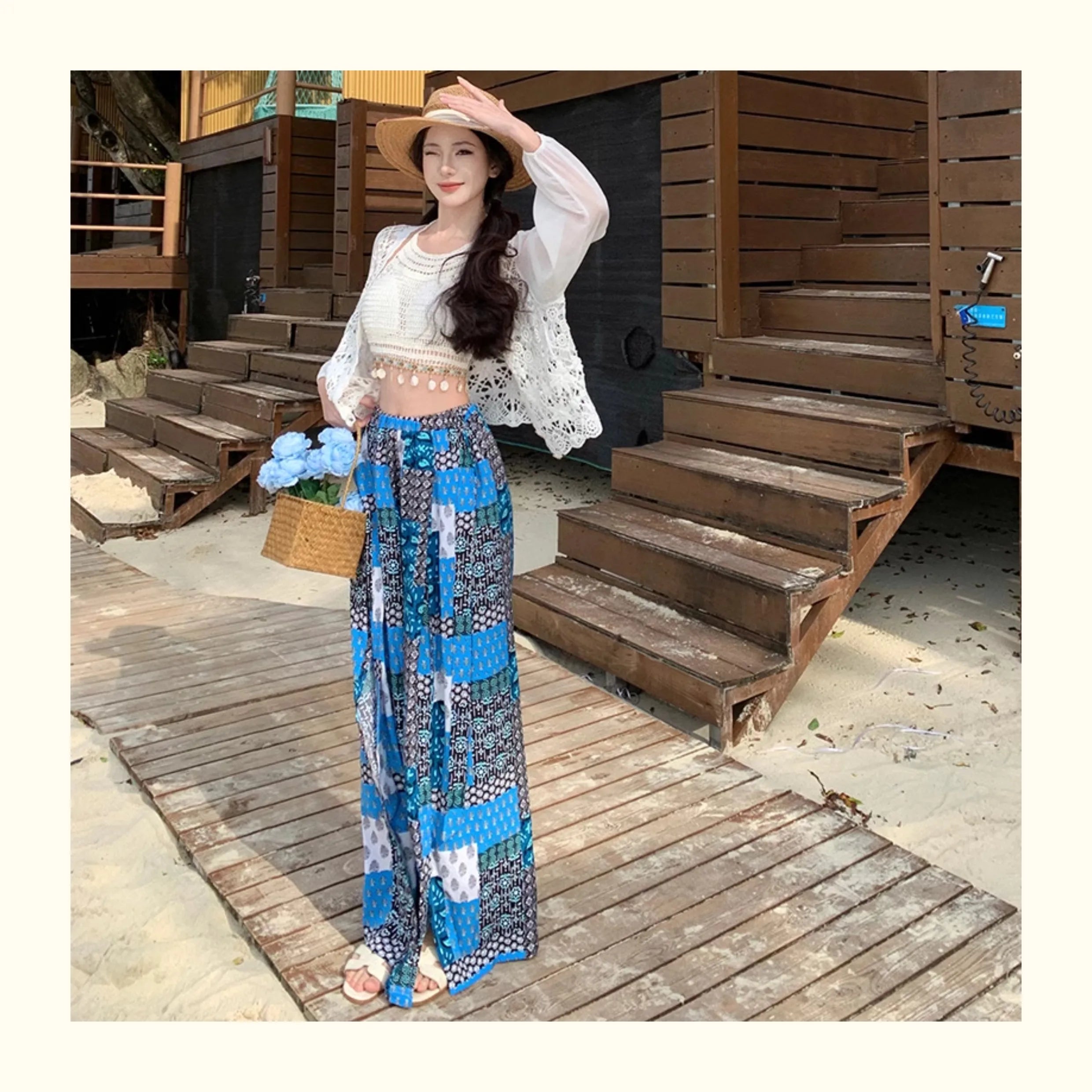 Vacation Style High Waist Wide Leg Pants – Thin Long Ethnic Print Pants for Beach & Holiday Wear