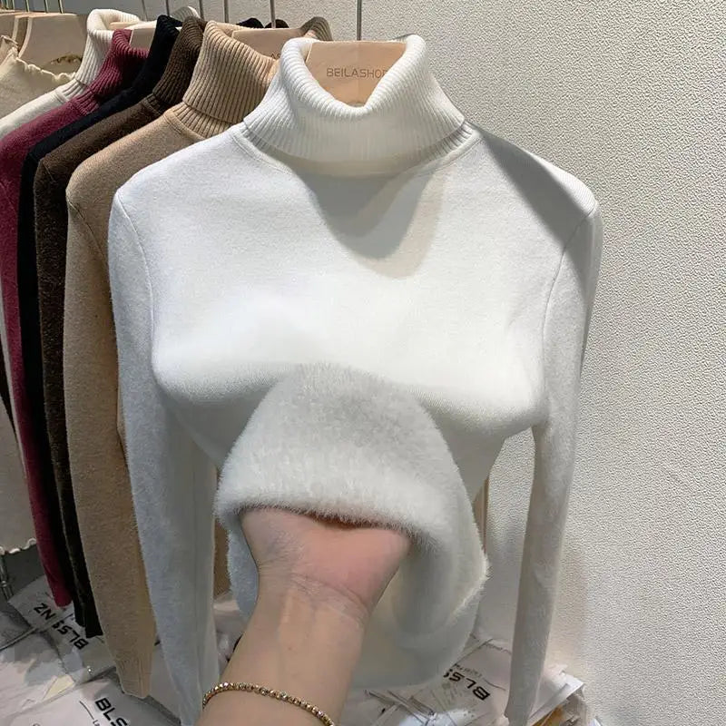 2025 Women’s High Collar Pullover Sweater – Thick Warm Soft Winter Top | Solid Color Bottoming Shirt