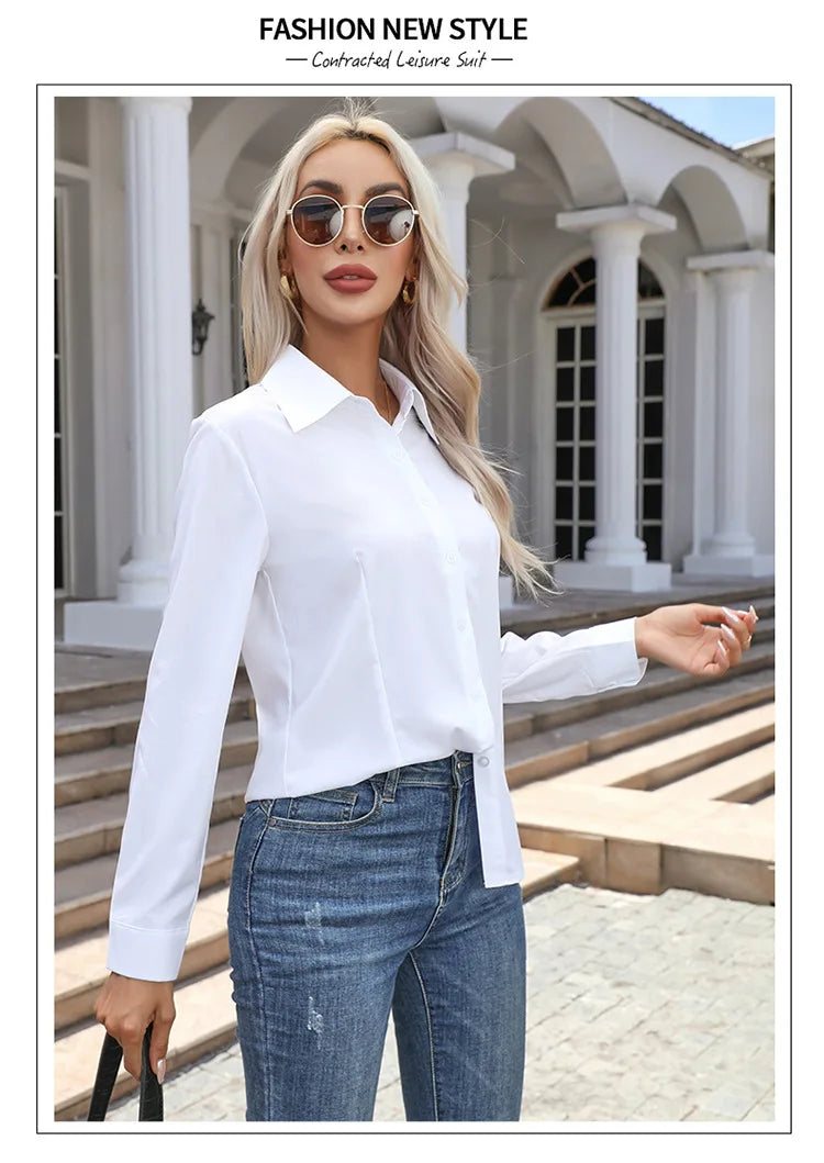 Women’s Solid Color Long Sleeve Shirt – Spring Autumn Casual Turn-Down Collar Loose Top
