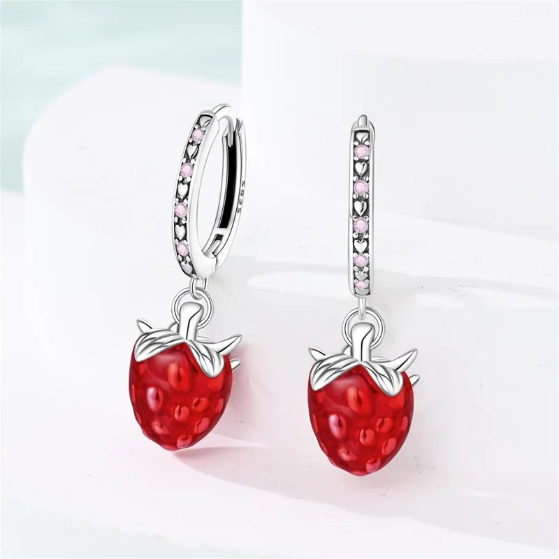 Original 925 Sterling Silver Fruit Series Earrings | Cherry & Strawberry Zircon Hoop Studs for Women Girls Party Jewelry