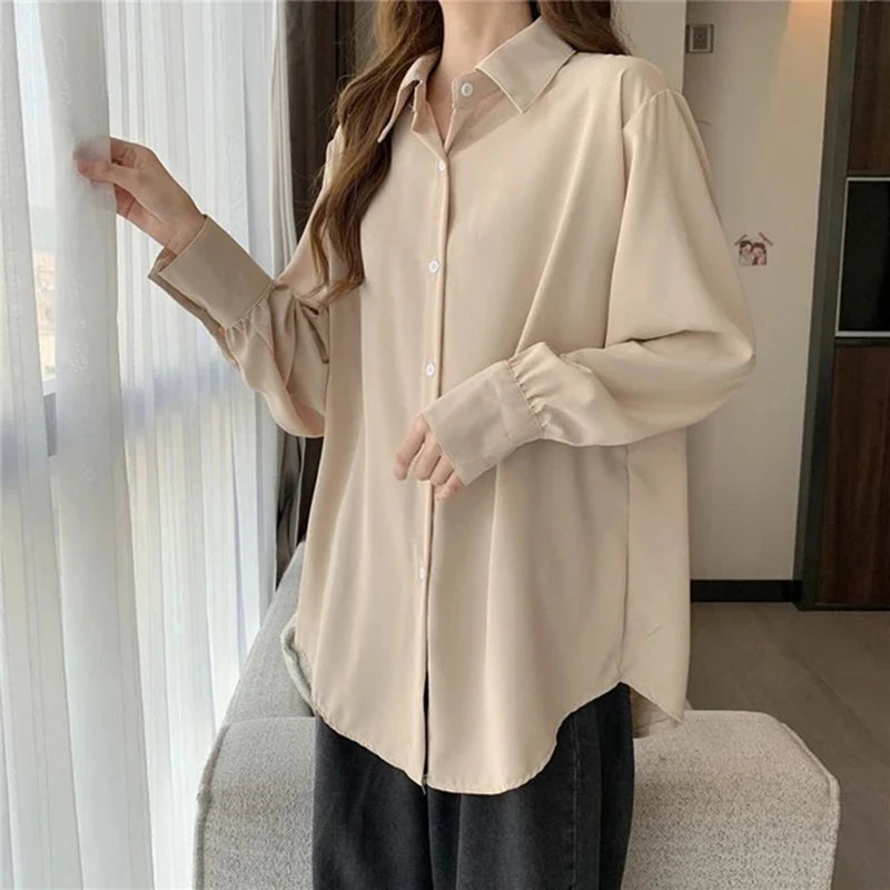 Women’s Chiffon White Shirt – Korean Fashion Loose Long Sleeve Elegant Office Blouse 🤍✨