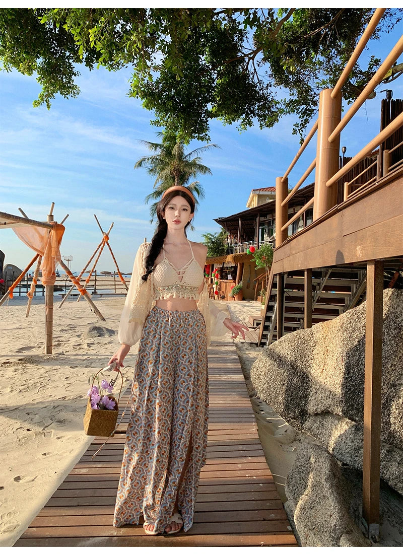 Vacation Style High Waist Wide Leg Pants – Thin Long Ethnic Print Pants for Beach & Holiday Wear