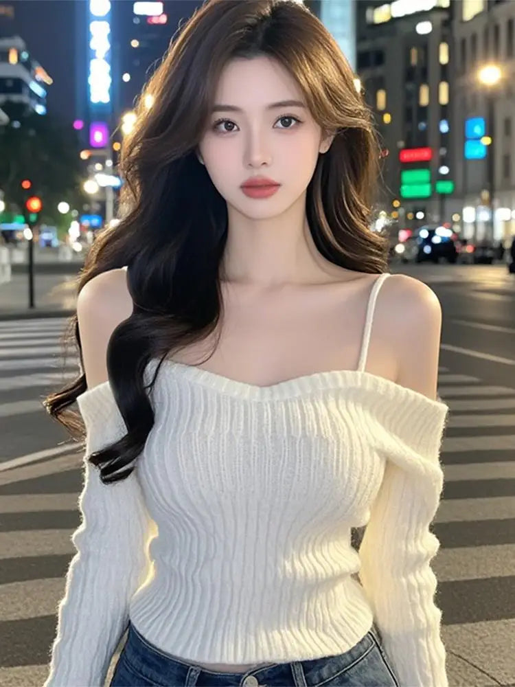 Sexy One-Shoulder Knitted Sweater for Women | Slim Fit Korean Style Long Sleeve Top | Spring 2025 Fashion Pullover