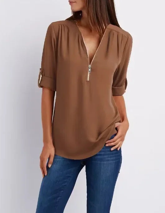 2025 Women’s Chiffon Blouse | Sexy Deep V-Neck Zipper Pullover Loose Fashion Top Plus Size