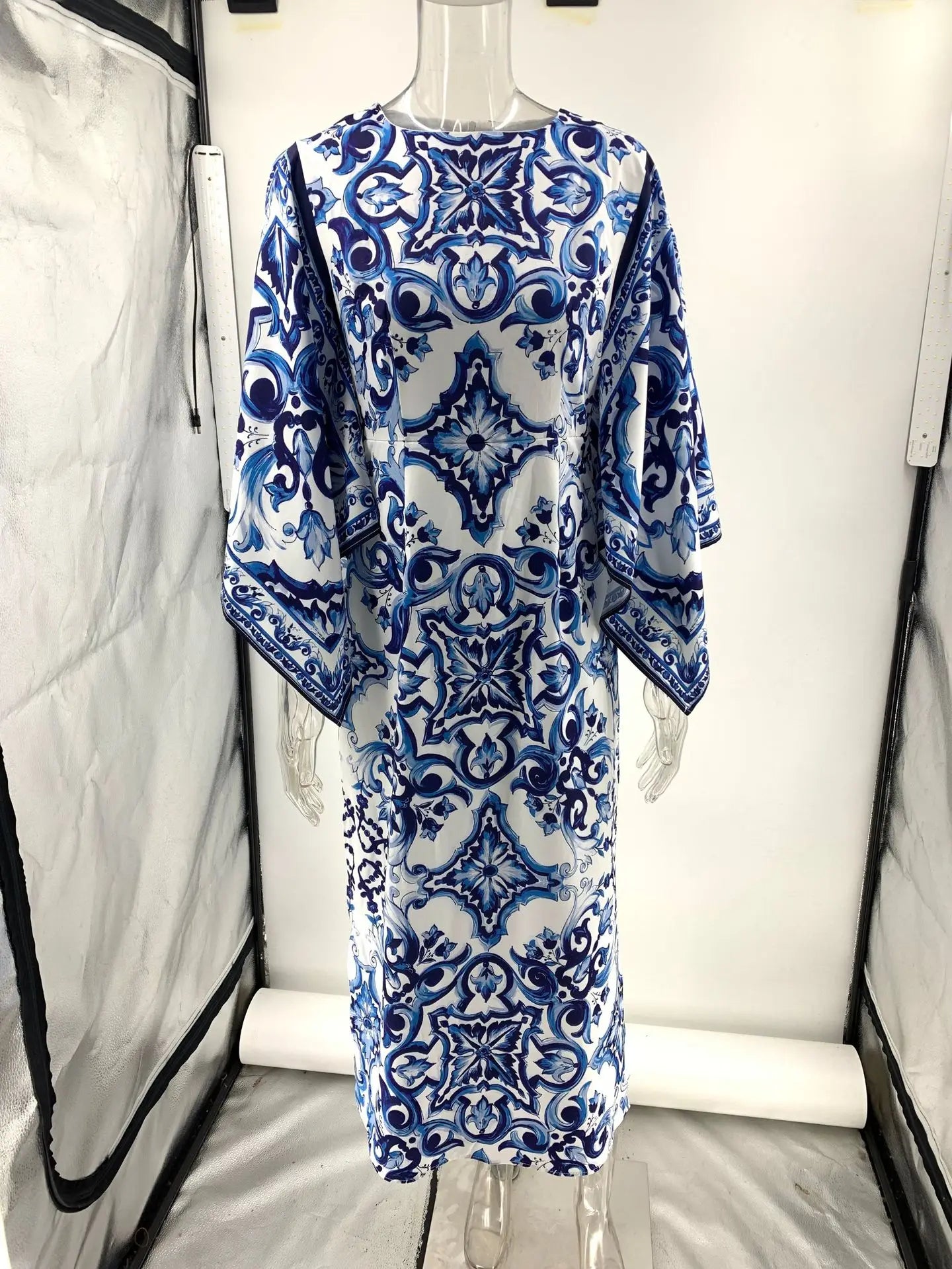 New Spring O-Neck Long Sleeve Maxi Dress for Women | Elegant Loose Commuting Dress | Blue & White Porcelain Print with Side Split