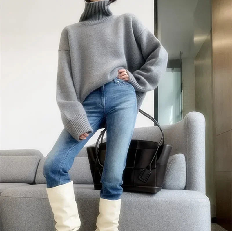 Women’s Oversize Turtleneck Sweater – Long Sleeve Knitted Pullover Autumn Winter Knitwear