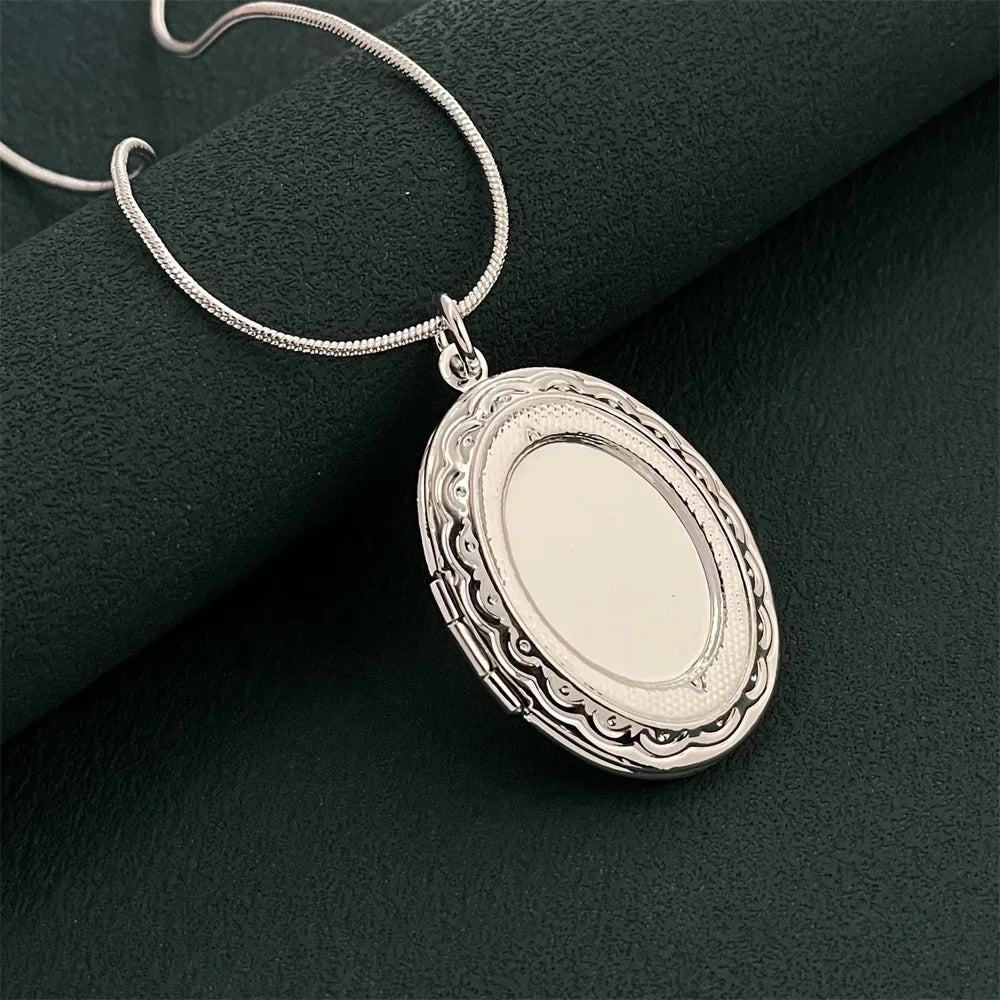 925 Sterling Silver Oval Photo Frame Pendant Necklace | Snake Bone Chain | Fashion Simple Jewelry