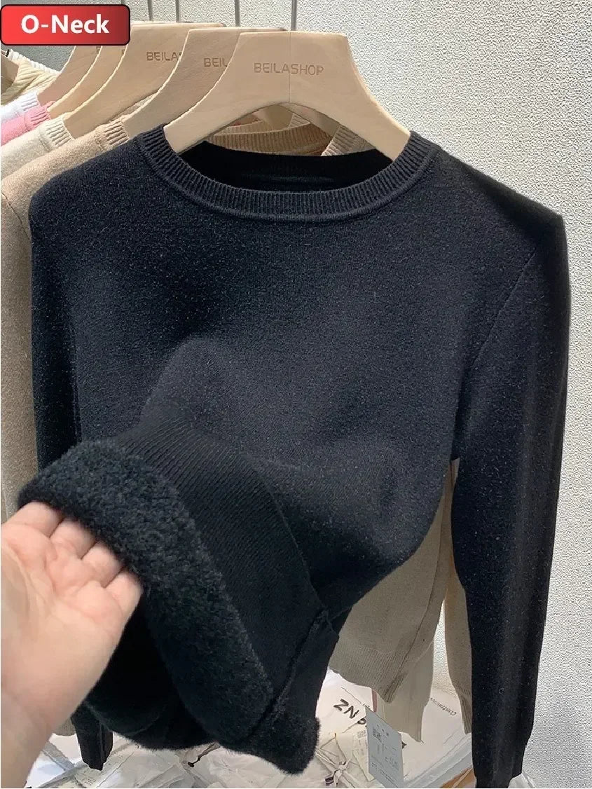 Women Winter Thicken Turtleneck Sweater – Slim Knit Plush Velvet Lined Warm Pullover Jumper