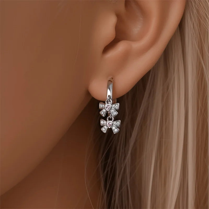925 Sterling Silver Sweet Bow Heart Zircon Hoop Earrings | Women’s Shining Proluxy Fine Jewelry Gift for Engagement & Birthday