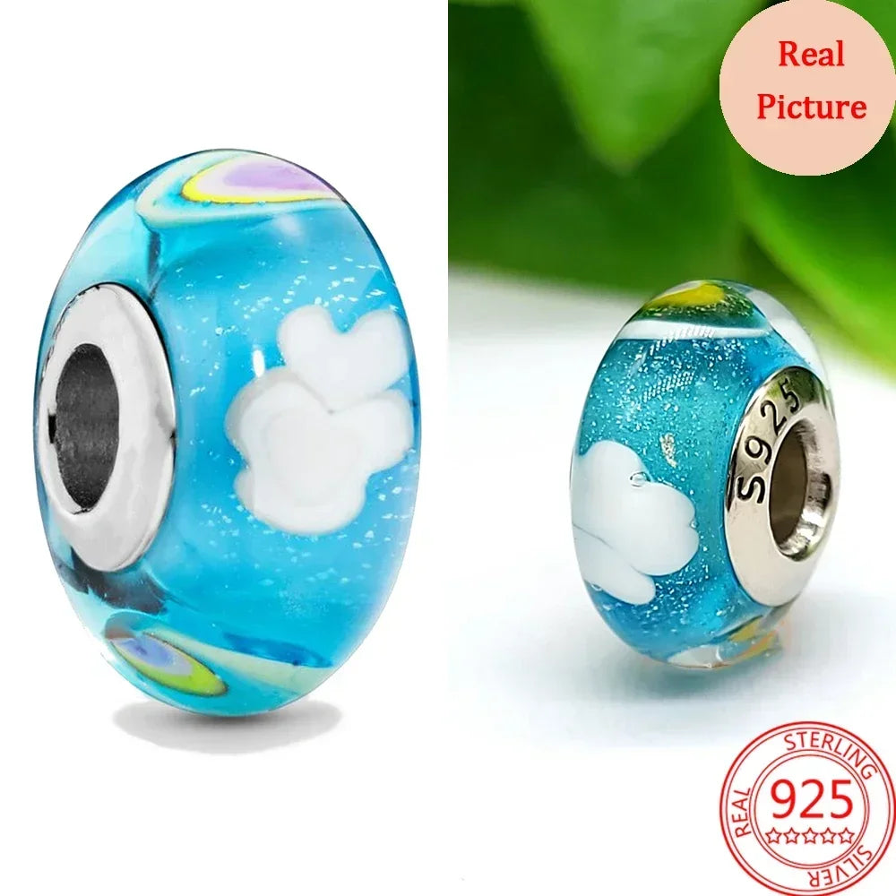 925 Sterling Silver Murano Glass Galaxy & Clover Heart Beads | Fit Pandora Bracelet DIY Jewelry Gift for Mum