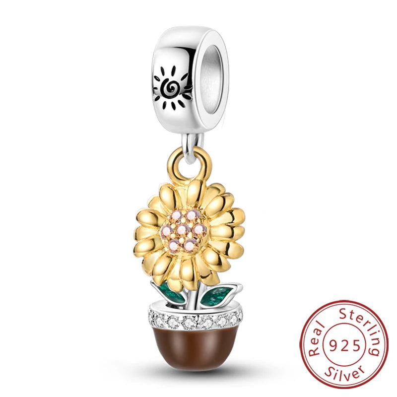 New 925 Sterling Silver Sunflower Heart Charm Bead | Original Bracelet DIY Jewelry Gift for Women
