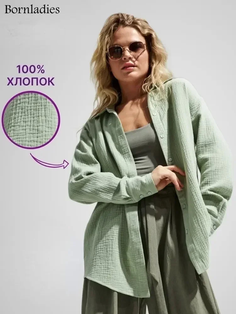 Bornladies 2025 Women’s Cotton Shirt – Solid Long Sleeve Loose Office Top 👚☀️