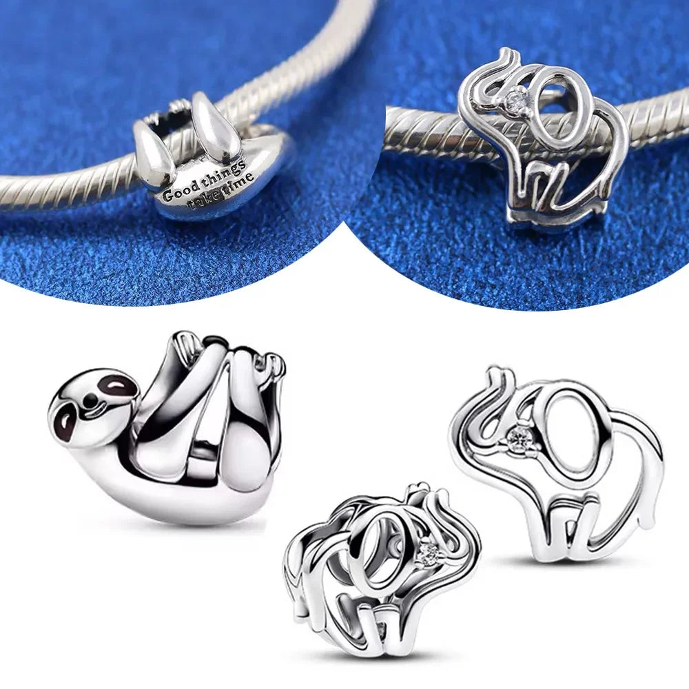 Silver 925 Openwork Elephant & Hanging Sloth Charms | Fit Original Bracelet | Women’s DIY Fine Jewelry Beads