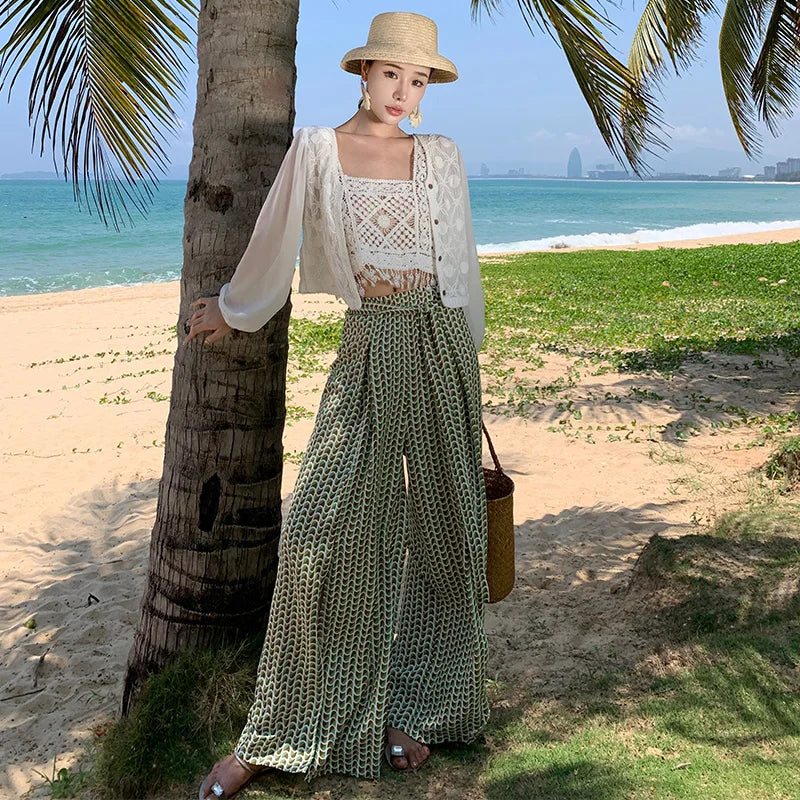 Vacation Style High Waist Wide Leg Pants – Thin Long Ethnic Print Pants for Beach & Holiday Wear