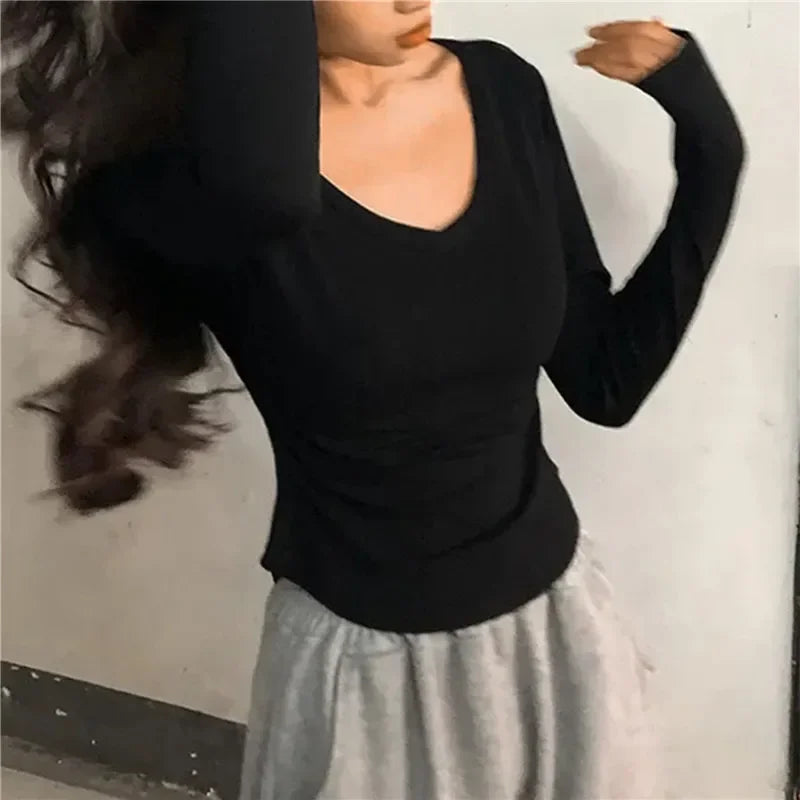 2024 Sexy V-Neck Long Sleeve T-Shirt for Women | Elastic Thin Solid Top for Spring & Autumn