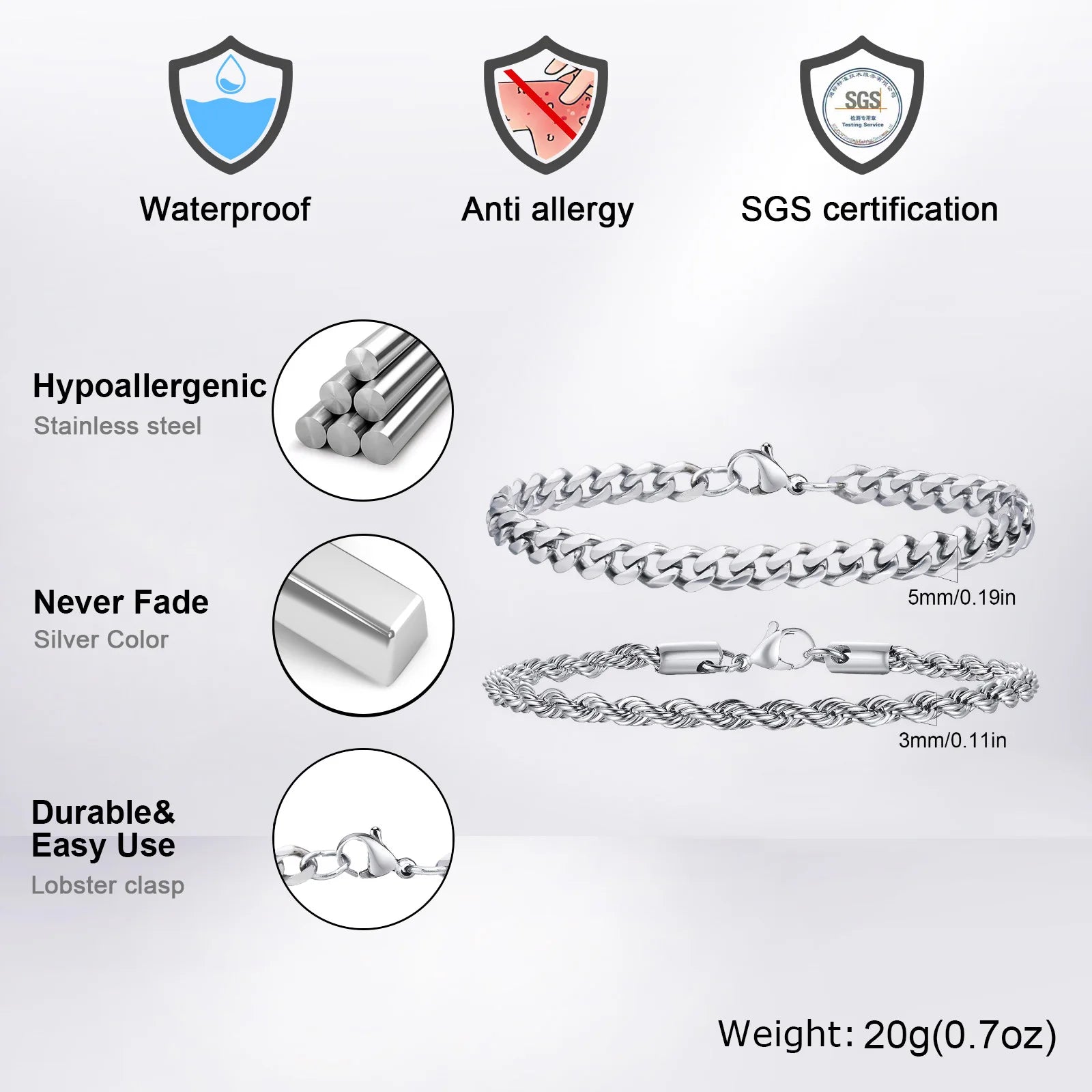 2PCS Men’s Chain Bracelets – Silver, Gold & Black Stainless Steel Twisted Rope Cuban Chain