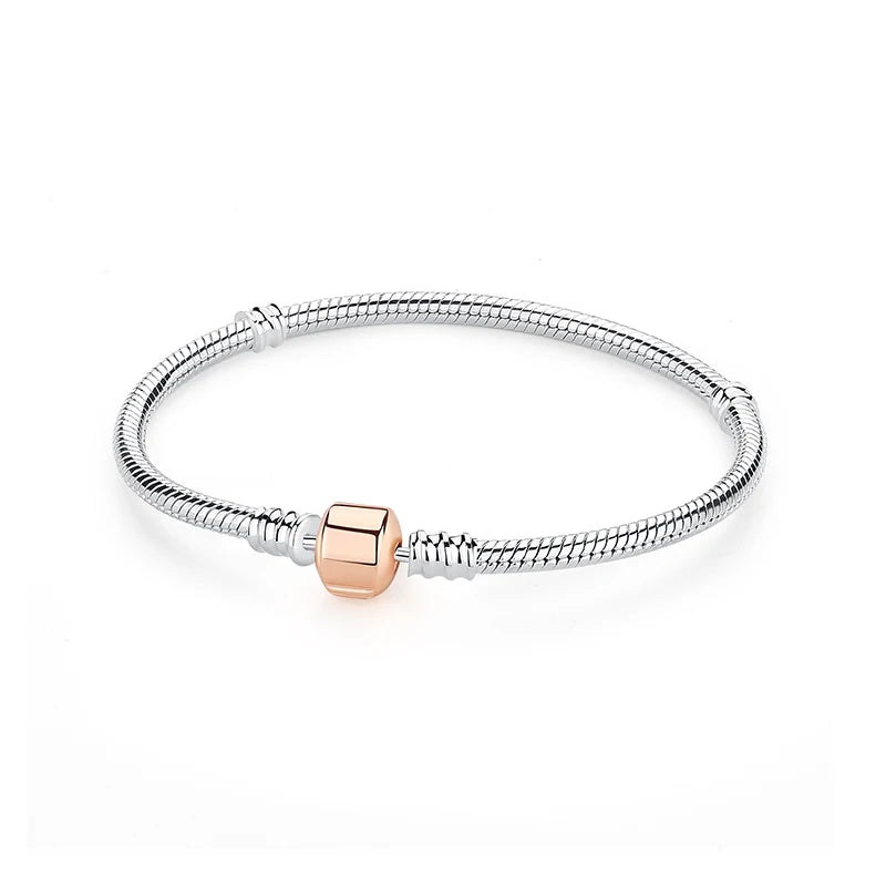 Original 925 Sterling Silver Snake Chain Bracelet | Love Heart Clip Charms & Beads | Rose Gold DIY Luxury Jewelry for Women