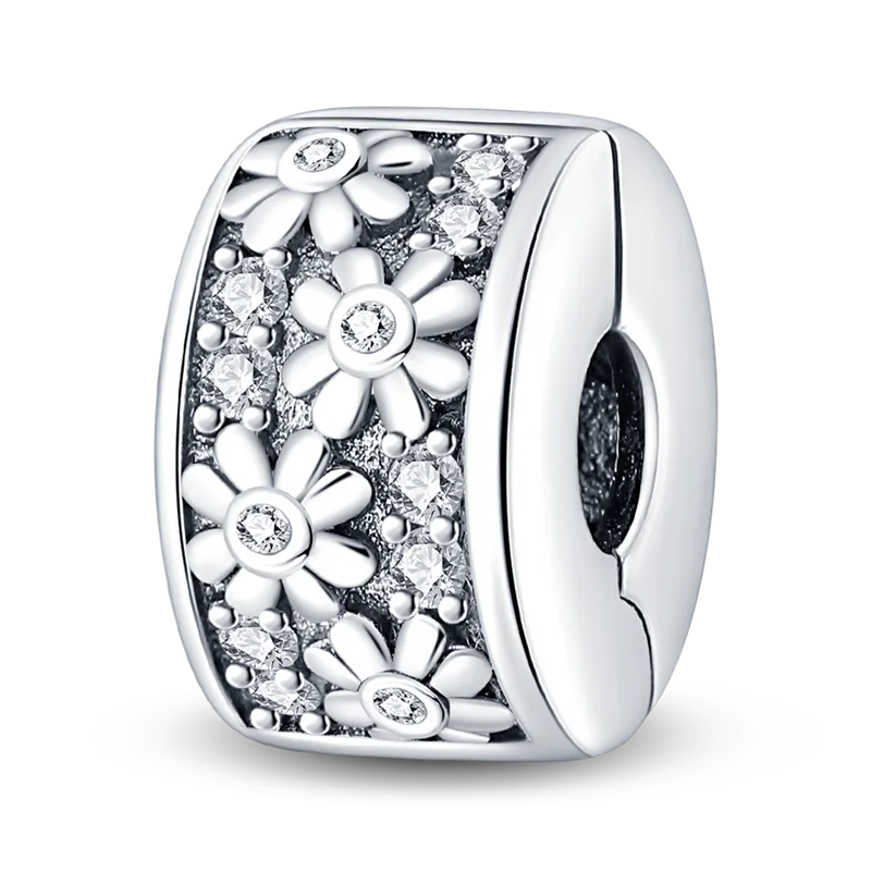 925 Sterling Silver CZ Pave Daisy Clip Charm & Safety Chain – Fits Original Pandora Bracelet, Women’s Silver Stopper Beads Jewelry