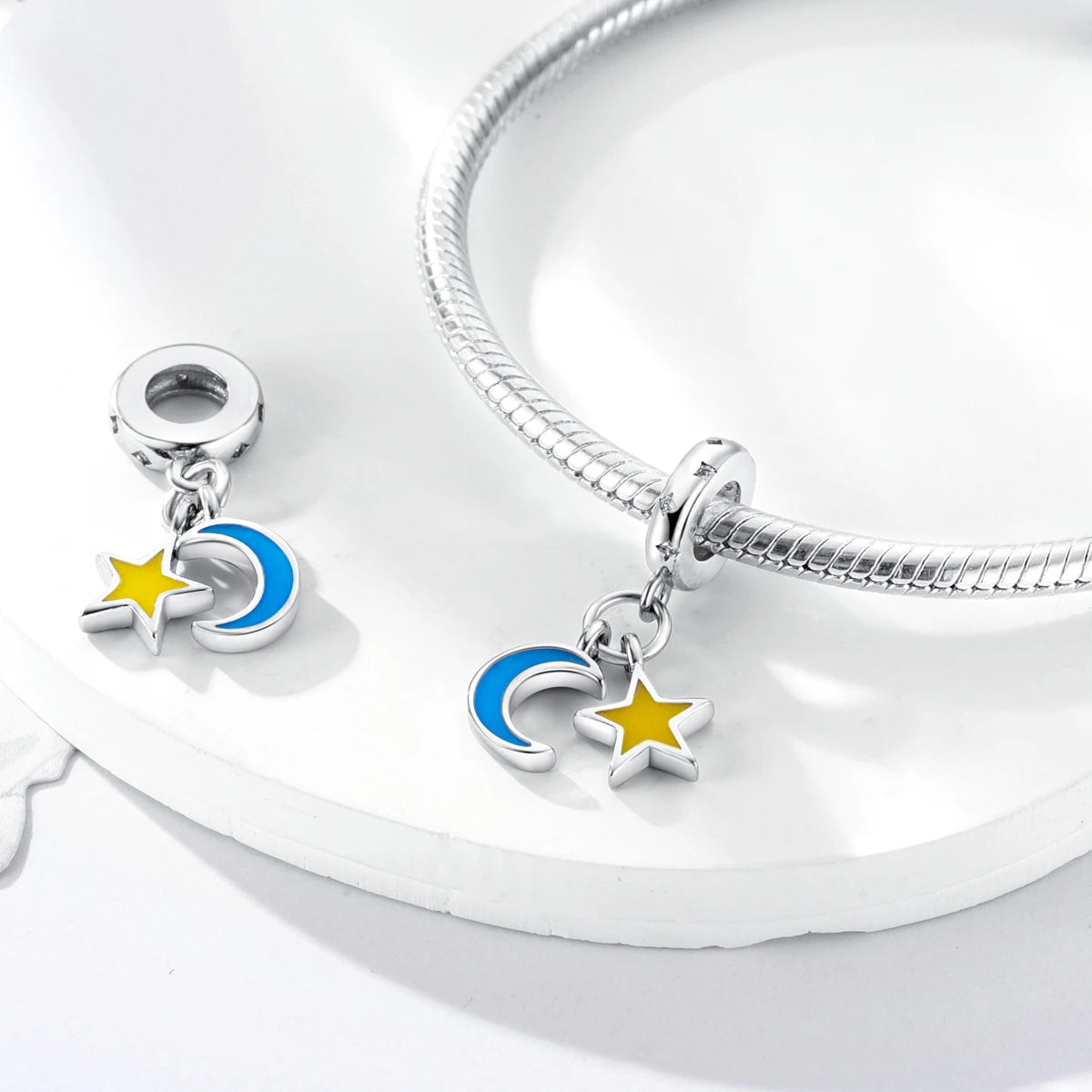 Silver Plated Colorful Glowing Moon & Stars Rainbow Dangle Charms | Fit Original Bracelet & Necklace | Women’s Jewelry Beads
