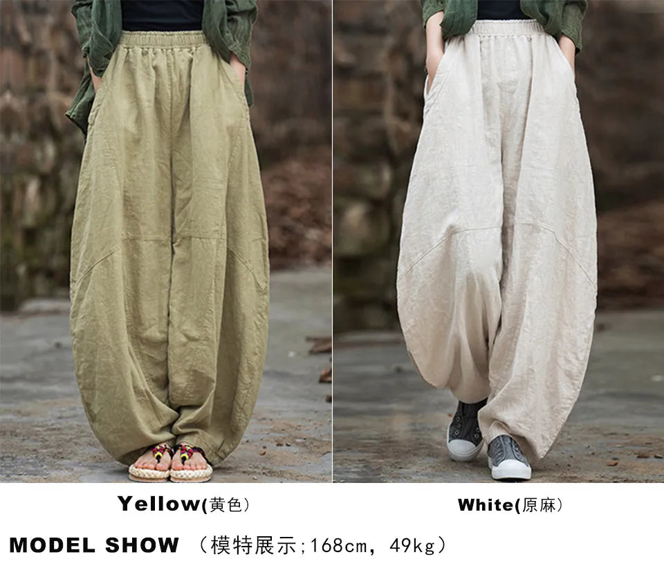 Elegant Women’s Cotton Linen Baggy Cargo Pants – Vintage Elastic Waist Wide-Leg Casual Trousers
