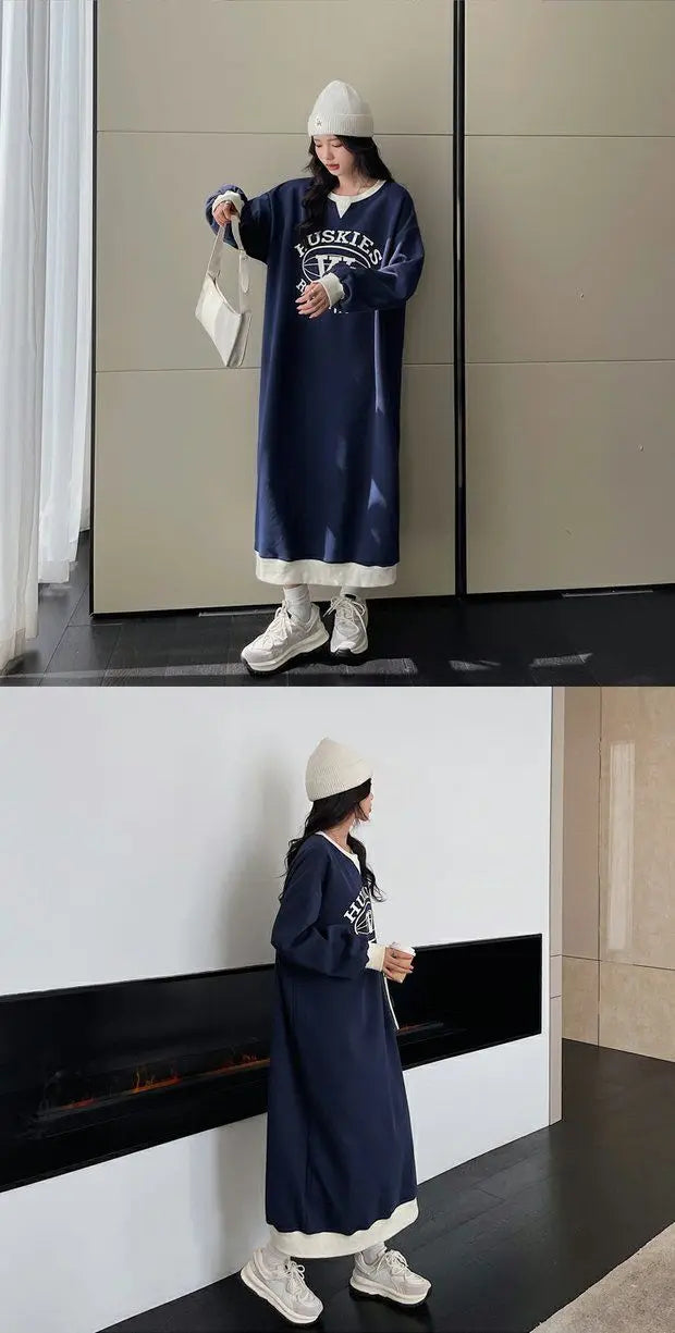 Plus Size Korean Style Loose Casual Sweatshirt Dress – A-Line Skirt, Long Sleeve Mid-Length | Weight Loss Friendly