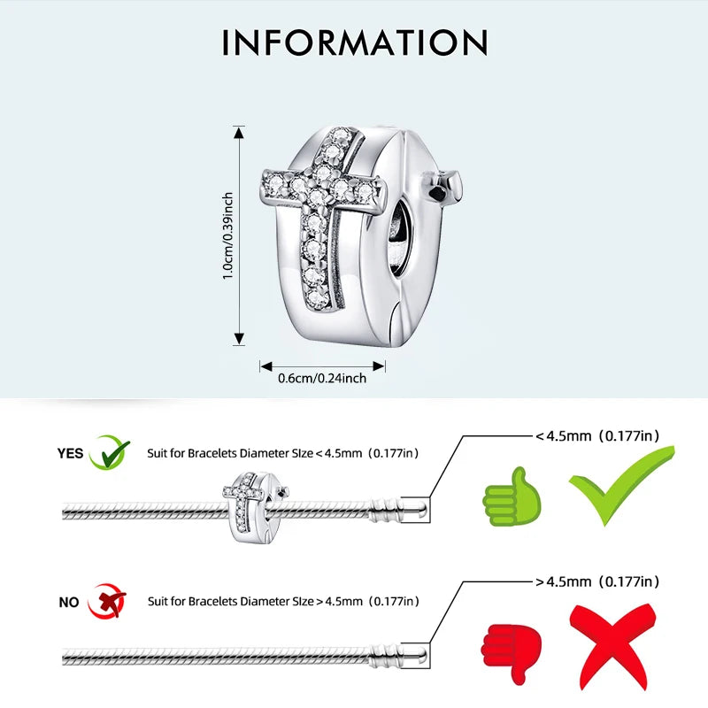 BISAER 925 Sterling Silver Clip Spacer Charm – Star & Cross Stopper Bead Fit Pandora Bracelet DIY Women’s Jewelry