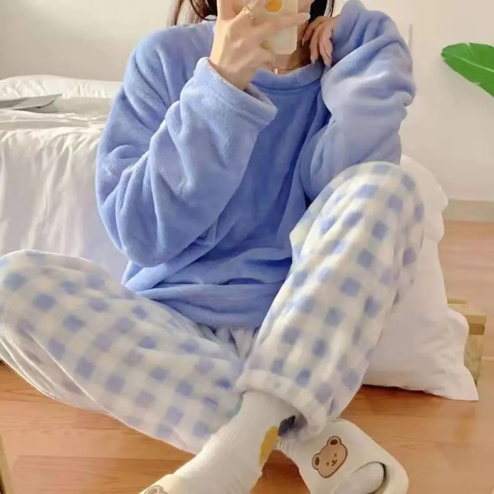 ❄️ Fleece Thick Warm Women’s Pajamas Set 🛌 Soft Winter Sleepwear | Cozy Solid Top & Plaid Pants Pijamas Home Suit ❤️