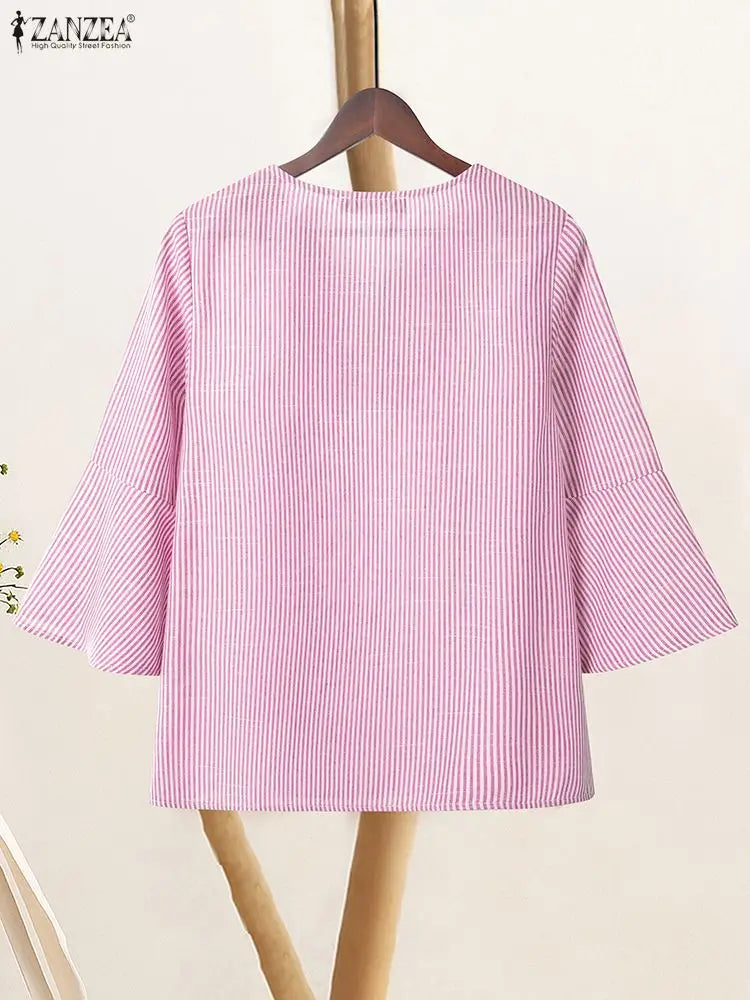 2025 ZANZEA Women’s Office Striped Blouse – Autumn V-Neck 3/4 Sleeve Casual Work Shirt 👚🍂