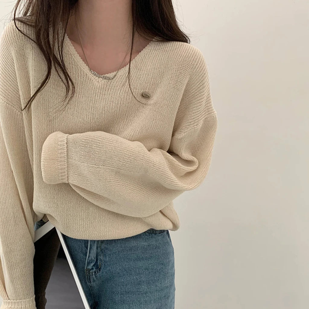 Loose Women’s Knitwear V-Neck Long Sleeve T-Shirt – Casual Comfortable Fashionable Autumn Top New Arrival