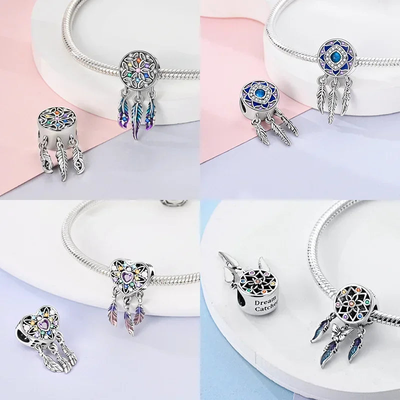 925 Sterling Silver Colorful Zircon Heart Dreamcatcher Charm – Feather Beads Fit Original Pandora Bracelet DIY Jewelry Gift for Women