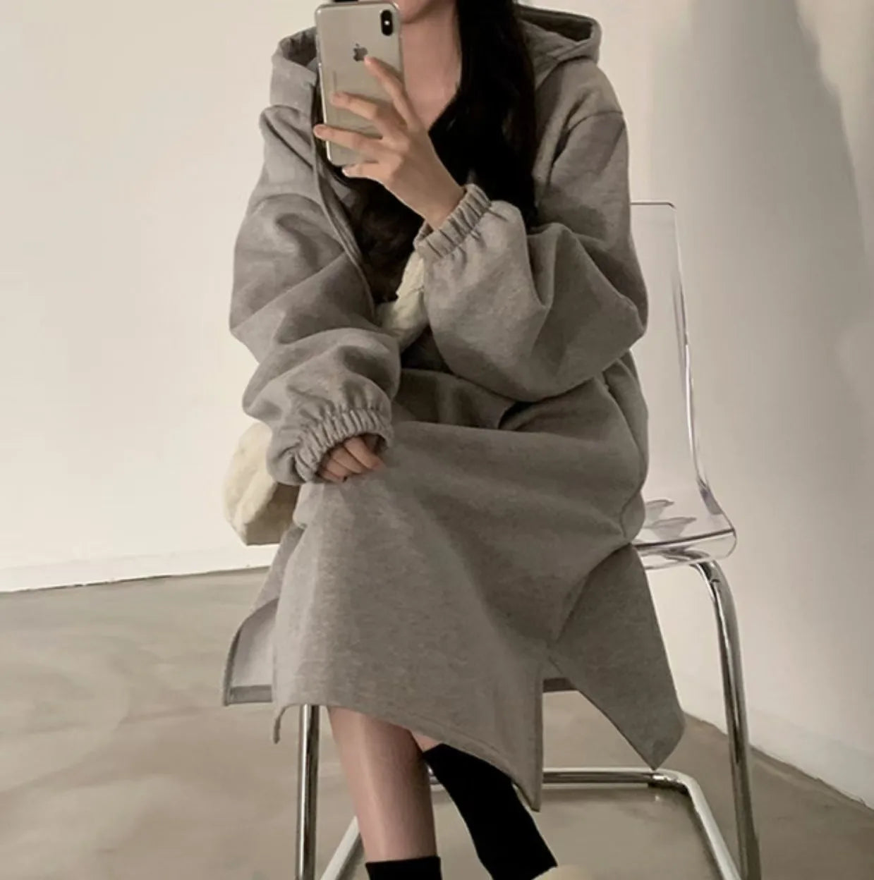 Chic Winter College Long Hoodie Dress ❄️ Lazy Fleece A-Line Side Slit Dress 👗 Pure Color Polyester Fiber 🧵
