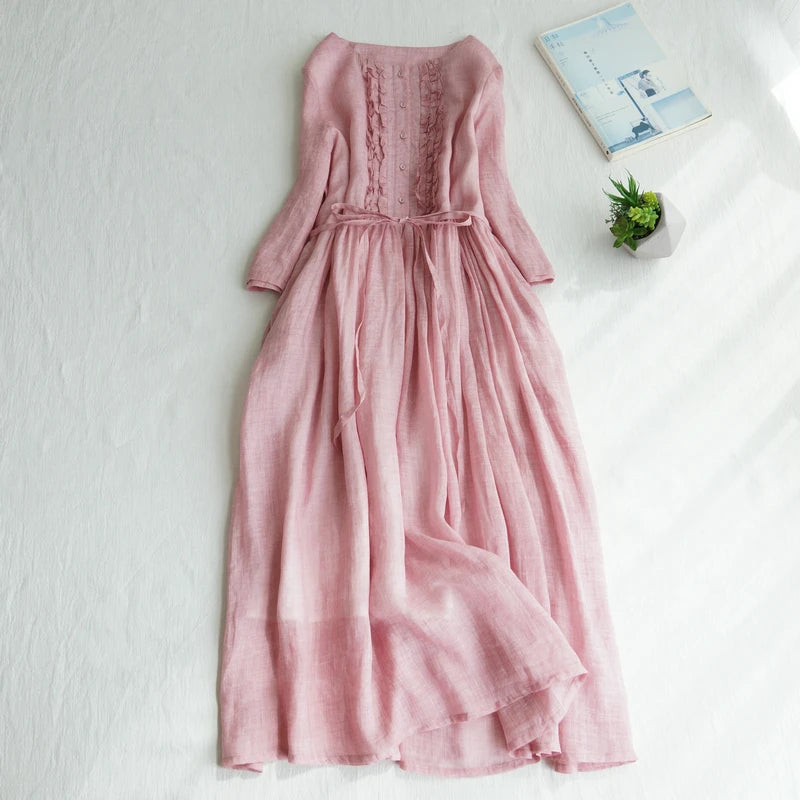 Japanese Style Women’s Long Sleeve Cotton Linen Dress | Wooden Ear Design Loose A-Line Skirt with Waist Belt
