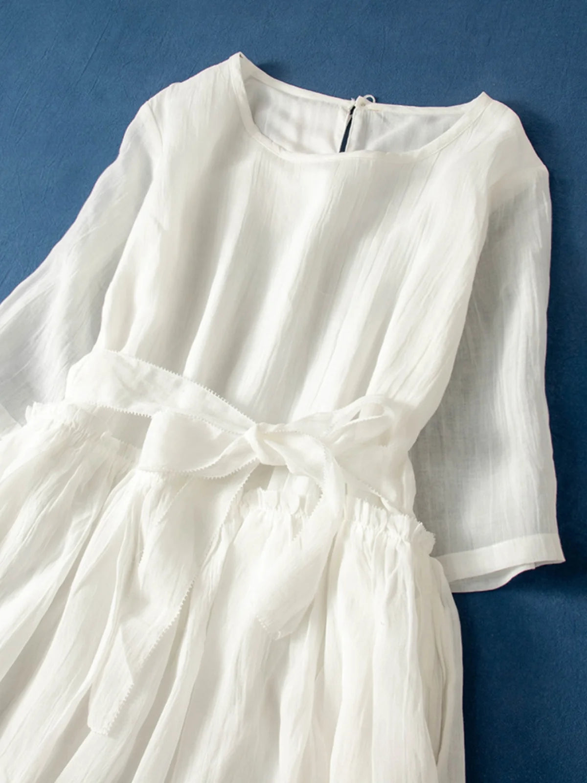 Women’s Summer Lightweight Cotton Dress – Long Sleeve Loose Waist A-Line Retro Dress with Belted Splice