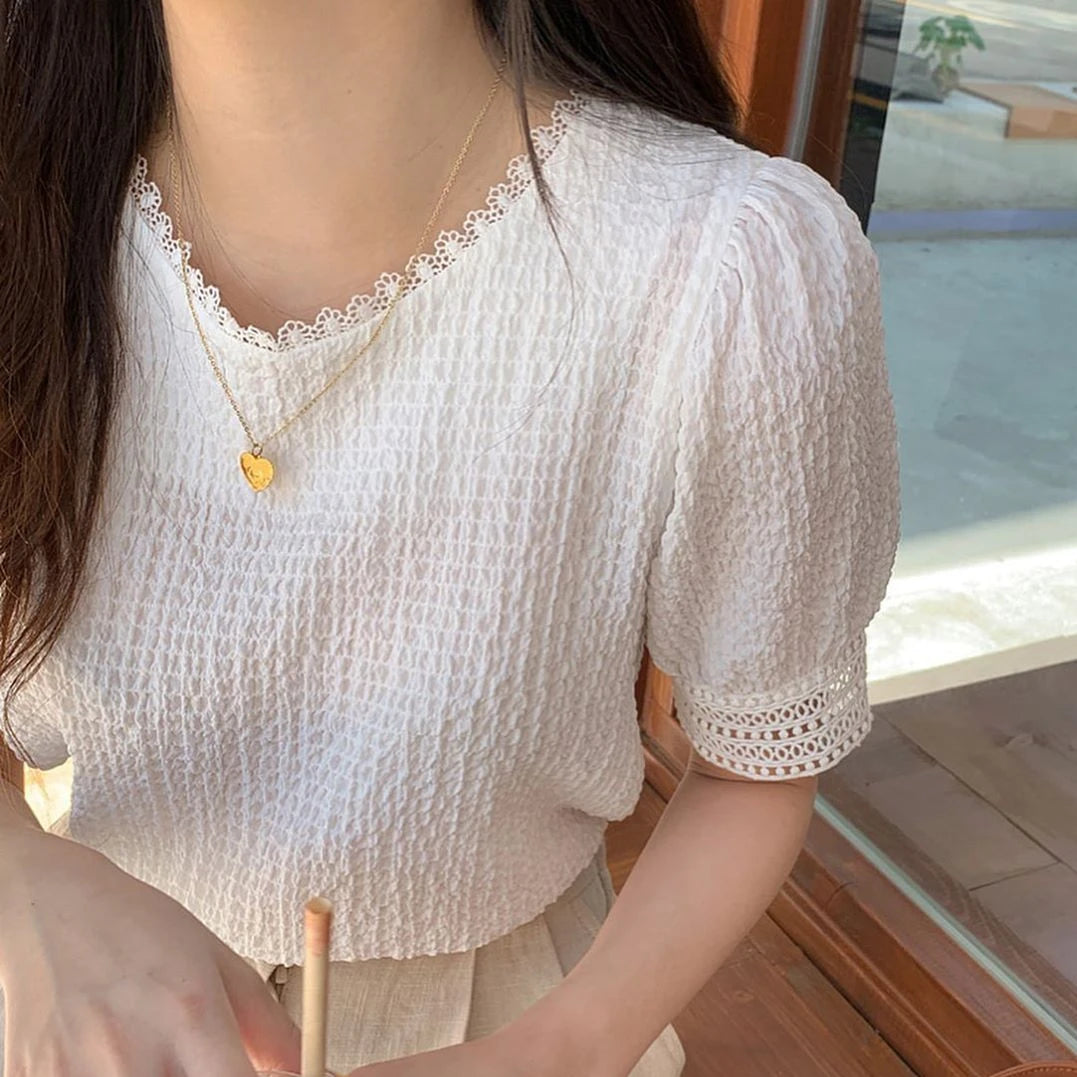 Elegant White Lace Hollow Out Blouse | Fairy-Style Bubble Sleeve Summer Top for Women