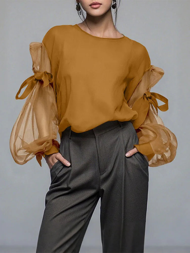 ZANZEA 2025 Women’s Elegant Blouse – Bow Mesh Patchwork Long Lantern Sleeve 👚✨