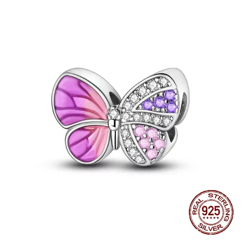 925 Sterling Silver Purple Flower & Butterfly Dangle Charm | Bead for 4MM Bracelet or Necklace DIY Jewelry Gift