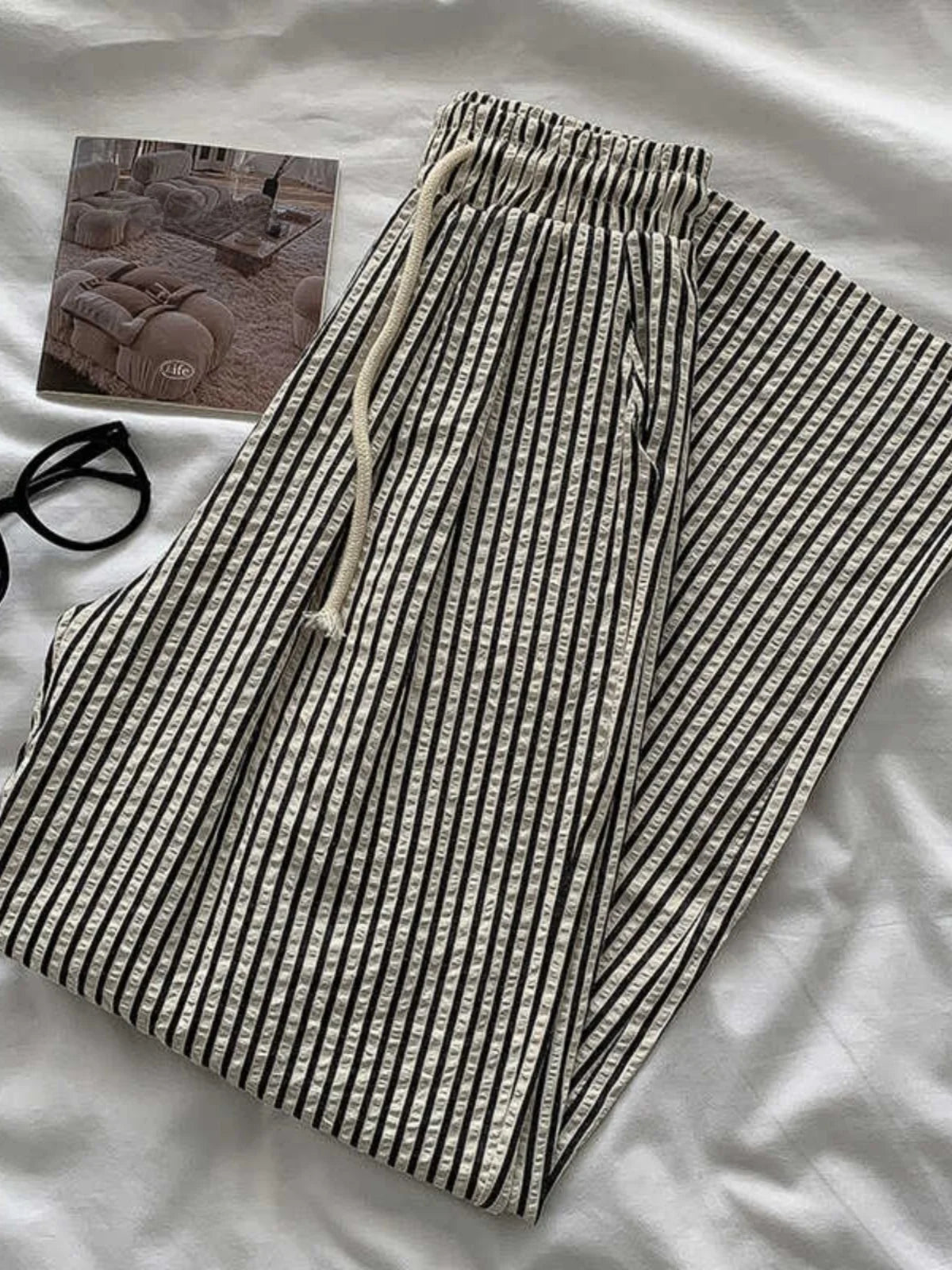 Korean Striped Drapey Casual Pants for Women | High Waist Thin Straight Trousers | Summer Versatile Long Pants