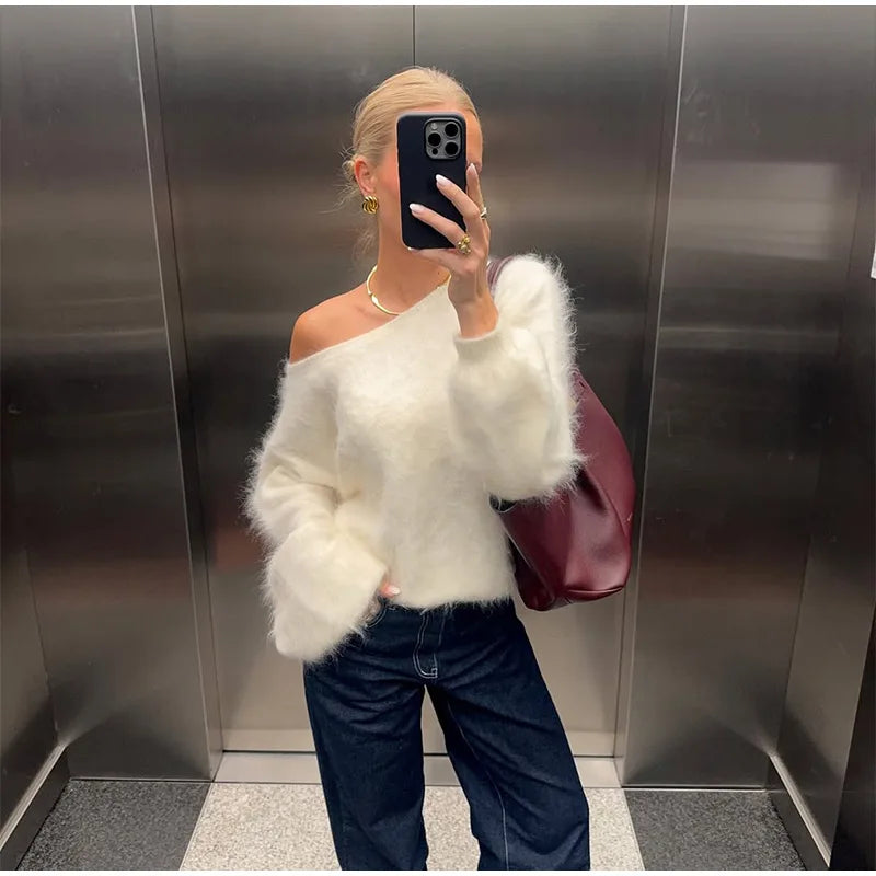 Women’s Off-Shoulder Mohair Sweater | Elegant Loose Knit Pullover for Autumn Fashion 2025