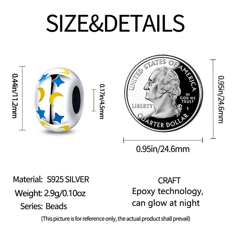 925 Sterling Silver Luminous Butterfly Star Moon Charm Bead | Round Clasp Bead for 3mm DIY Bracelet Jewelry Gift