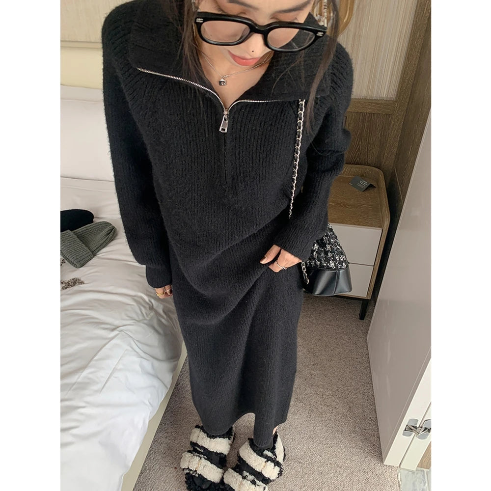 2025 Spring Autumn Knitted Midi Dress for Women | Long Sleeve Loose Fit Base Layer Straight Cut Polyester Dress