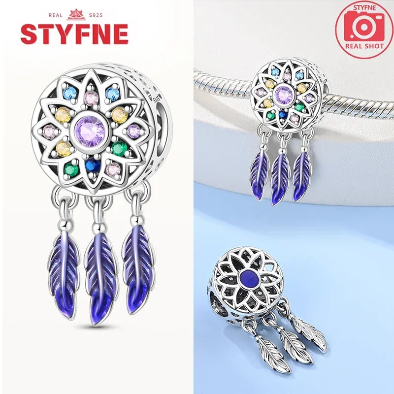 925 Sterling Silver Colorful Zircon Heart Dreamcatcher Charm – Feather Beads Fit Original Pandora Bracelet DIY Jewelry Gift for Women