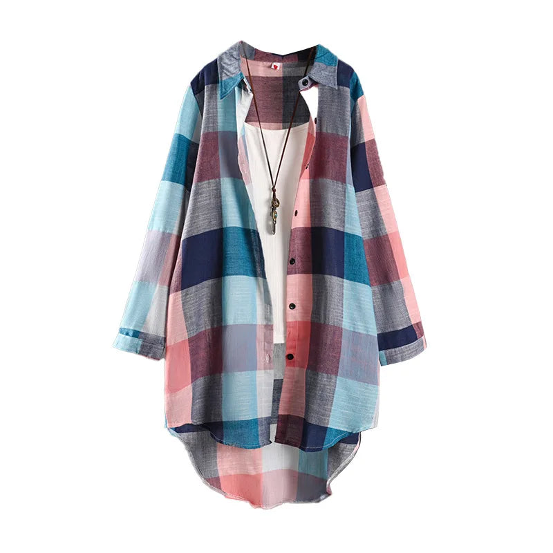 Women’s Plaid Shirt – Casual Long Sleeve Blouse Check Linen Cotton Tops for Women 🌿✨